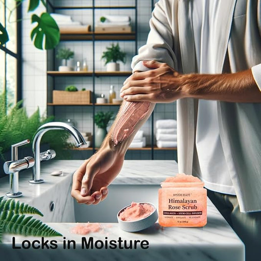 Himalayan Salt Body Scrub 12 oz - with Collagen and Stem Cells - Exfoliating Salt Scrub for Cellulite - Deep Cleansing for Acne, Scars, Wrinkles - Moisturizes Skin