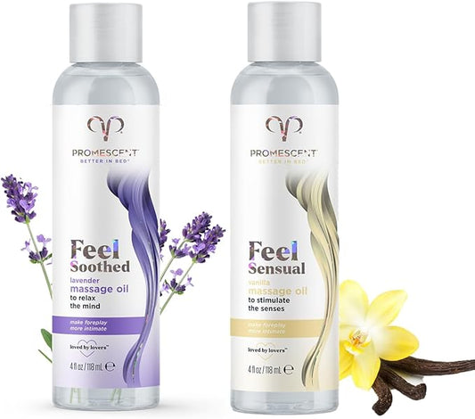 Promescent Lavender Massage Oil for Massage Therapy + Vanilla Massage Oils for Date Night, Sweet Almond for Skin, Body Oil for Men & Women to Relieve Stress & Sore Muscles