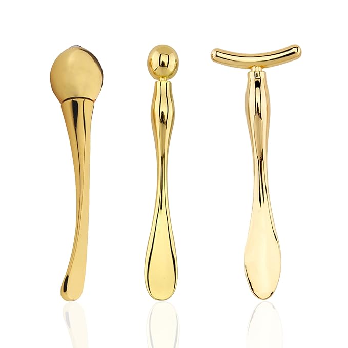 BetterJonny 3Pcs Metal Eye Cream Applicator Roller Wand Stick, Cosmetics Spoon Eye Cream Massager Wand Girls Women Facial Massager for Fatigue Relief Reduce Puffiness (Gold)