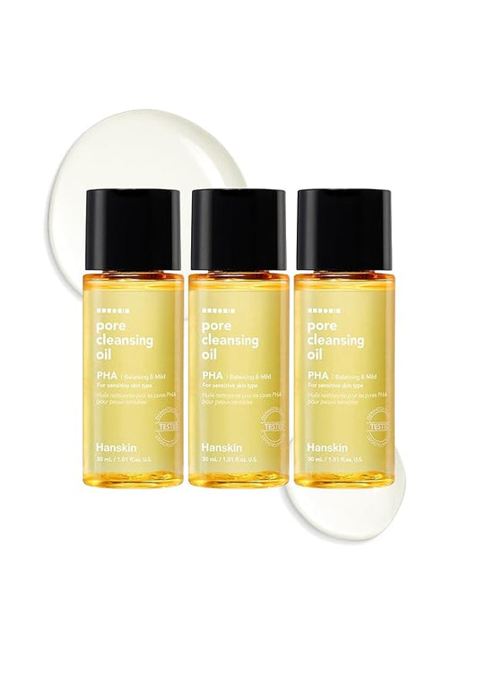 Hanskin PHA Trial Size Pore Cleansing Oil, Gentle Blackhead Cleanser and Makeup Remover for Combination and Oily Skin Travel Size Mini Makeup Remover Set [1 oz/Pack of 3]