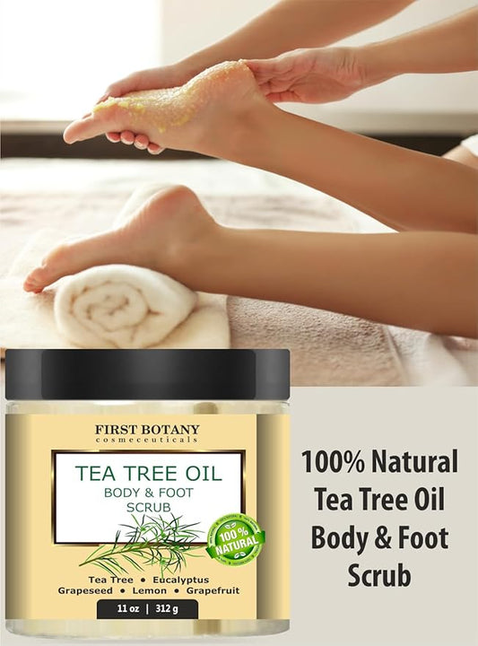 First Botany 100% Natural Tea Tree Oil Body & Foot Scrub with Salt - Best for Acne, Dandruff and Warts, Corns, Calluses, Athlete foot, Jock Itch & Body Odor
