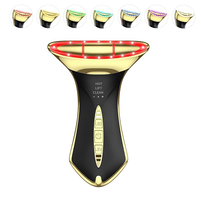Neck and Face Sculptor with 7-in-1 Led for Skin Care,Water Resistant True Beauty Glow Facial Massager (Black-Gold)