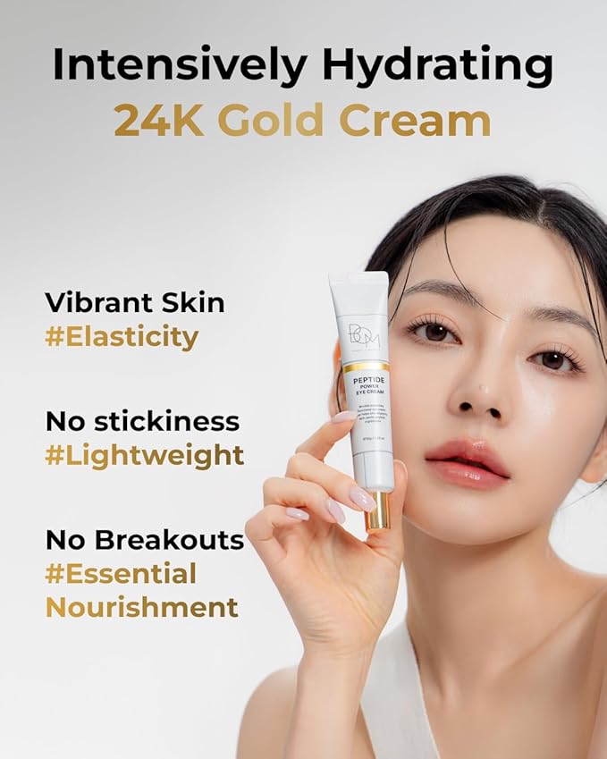 bom COSMETICS Peptide Power Eye Cream 1.05 Fl Oz, Penta-Peptide and 99% Pure Gold Lightweight Eye Cream for Skin Collagen Boost to Reduces Fine Lines, Wrinkles, Enhances Elasticity, Korean Skin Care