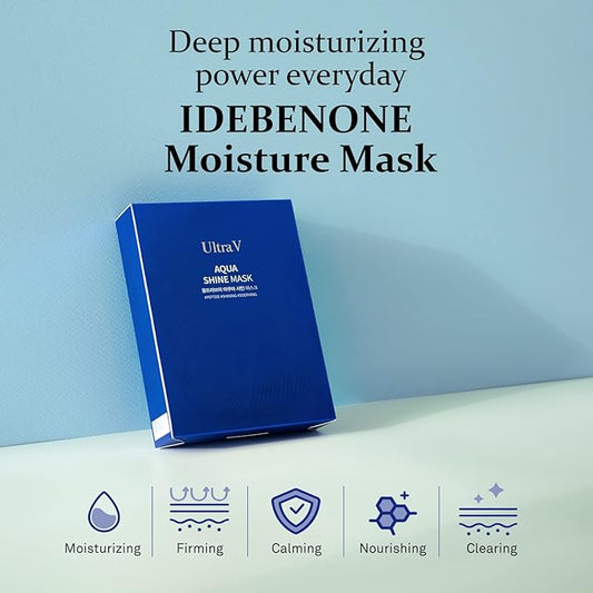 ULTRAV Idebenone Anti Aging Facial Mask Sheet – Antioxidant, Deep Moisturizing – Hypoallergenic Tencel Sheet - Aqua Shine Mask 10 Sheets