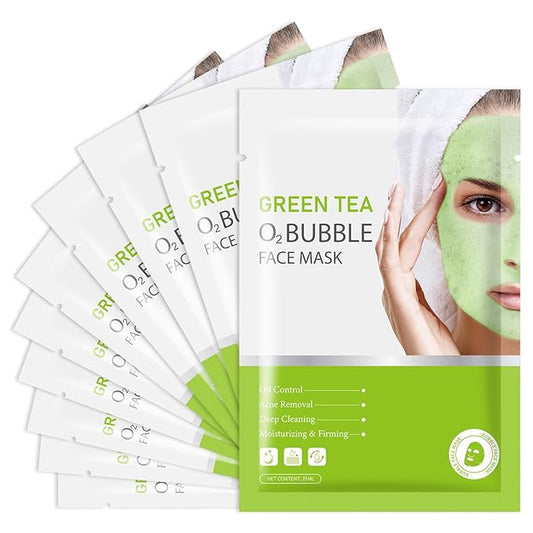 IREV 10 Pack Green Tea O2 Bubble Face Masks Sheet, Bubble Facial Mask, Foaming Face Mask, Purifying Facial Mask for Acne and Pores, Moisturizing Spa Face Masks Skincare, Brightening Beauty Masks