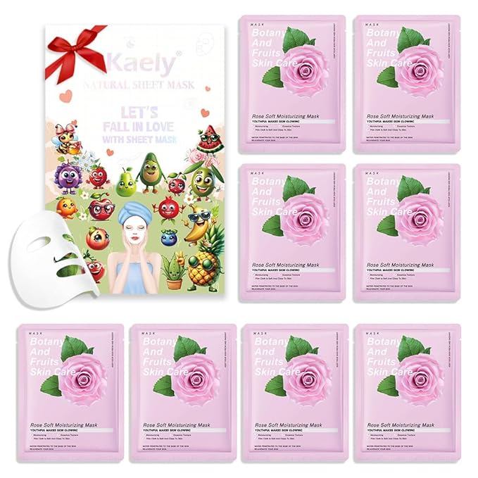 8 Pack Rose Face Sheet Mask Skincare,Hydrating Face Mask For Sensitive Skin,Moisturize,Soothing,Nourish for All Skin Types,Natural Spa Party Facial Mask Skincare Set for Women Men Girls