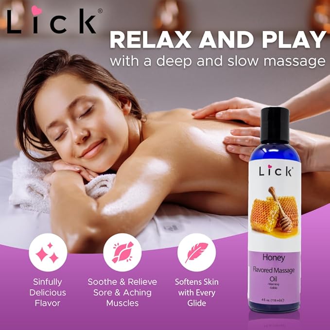 Honey Flavored Massage Oil for Couples – Edible Massaging Lotion with Vitamin E and Sweet Almond and Coconut Oil is Non Sticky and Gentle on Skin – Natural, Relaxing and Vegan Friendly (4 oz)
