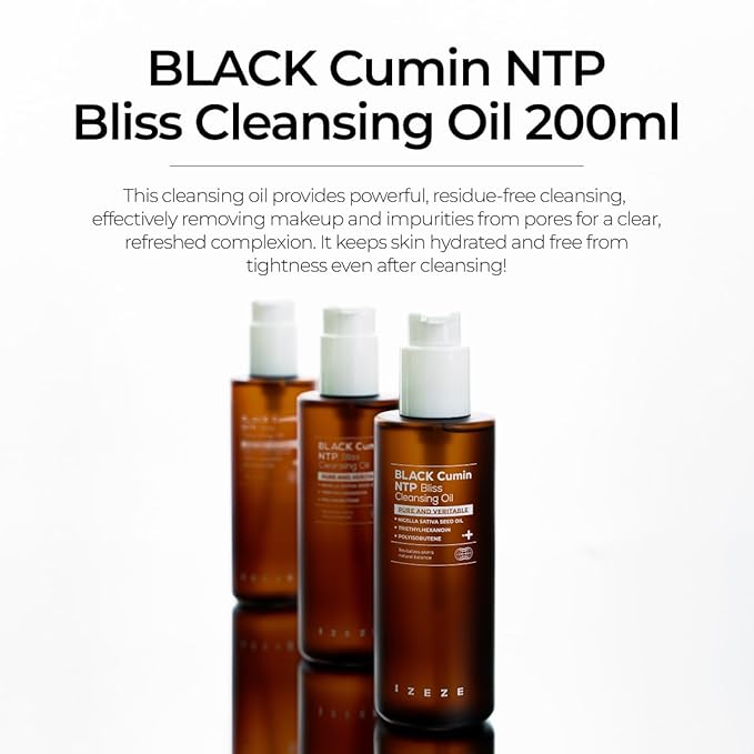IZEZE Black Cumin NTP Bliss Cleansing Oil 6.76 fl.oz, 200ml | Waterproof Makeup Remover, Blackheads and Sebum Care, Deep Cleansing, Thymoquinone, Nigella Sativa Seed Oil For Skin Health