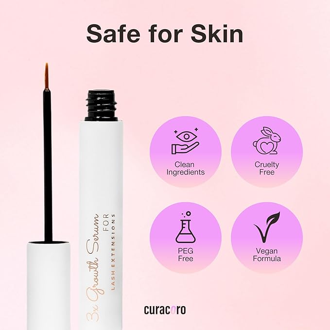 Curacoro 3x Growth Serum For Lash Extension, Peptide Enhancing Solution for Natural Lashes, Lash Extensions & Eyebrows, Eyelash Serum To Grow Lashes Fuller & Longer Looking Eyelashes (5ml)