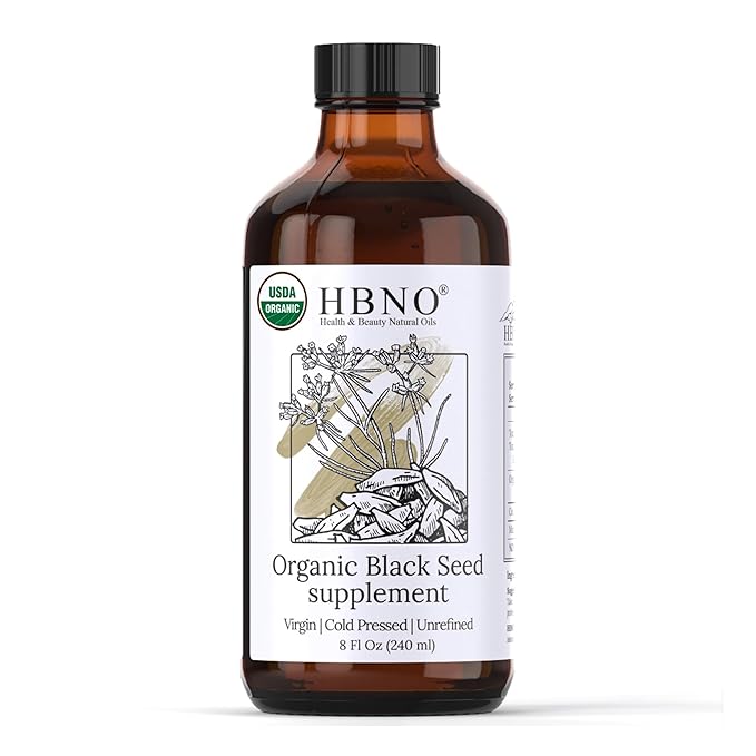HBNO Organic Black Seed Oil 8 fl oz (240ml) Value Size - USDA Certified Organic Black Seed Oil Organic Cold Pressed - Black Cumin Seed Oil Organic