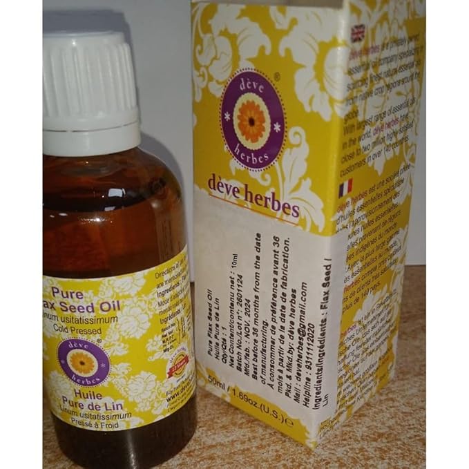 Deve Herbes Pure Flax Seed Oil (Linum usitatissimum) Natural Therapeutic Grade Cold Pressed 10ml (0.33 oz)