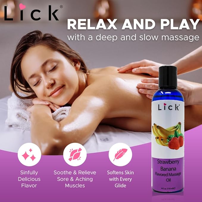 Lick Strawberries and Bananas Duo Massage Oil – Fruity, Edible, Lightweight, Body Safe, 4 oz