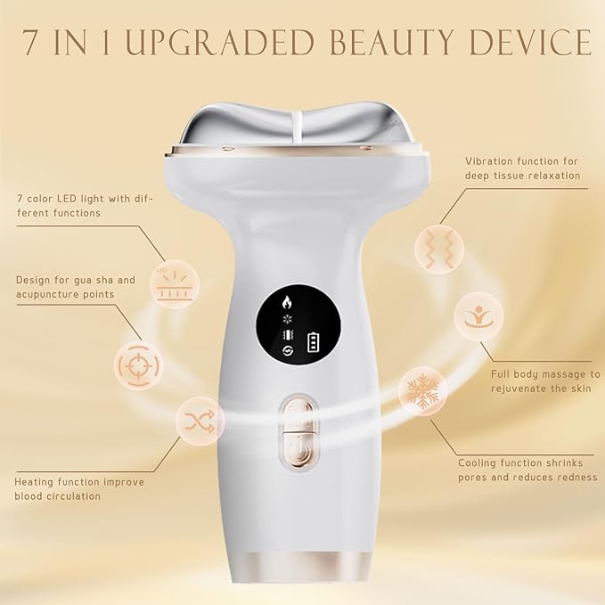 Electric Gua Sha Facial Tool 7 in 1 Hot & Cold Face and Neck LED Beauty Massager, Vibration Pulse Mode for Skin Care, Lymphatic Drainage Anti-Aging & Wrinkles Face Lift Device Gift for Mom