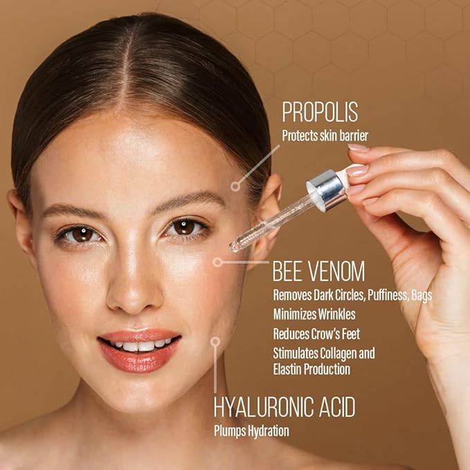 BEE and YOU Eye Serum, Anti Aging, Anti Wrinkle Serum 100% Natural with Bee Venom, Propolis Extract, Raw Honey, Hyaluronic Acid, For Dark Circles Under Eye Treatment and Puffiness, Skin Care, 15ml