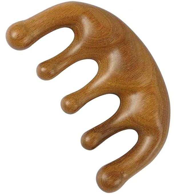 Wooden Massage Comb - 100% Natural Handmade Pure Wood Five-tooth Meridians Scalp Massager - No Static Wide Tooth Comb for Head - Scraping Massage Tool (Plain Style)