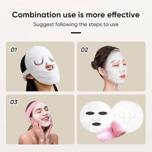 Hot Compress Face Towel Mask Set,Reusable Cold Hot Towel Beauty Skin Care Mask for Open Pores and Increase Blood Circulation,Also Spa Headband and Disposable Plastic Facial Mask.