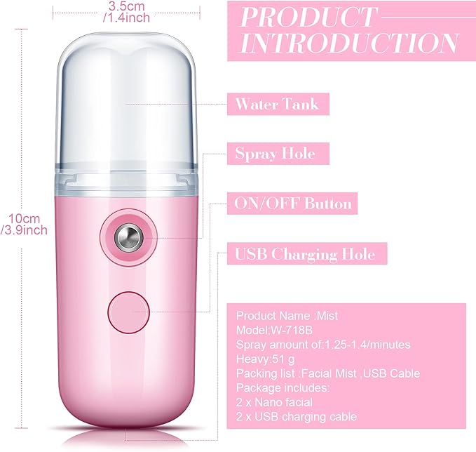 Honoson 2 Pieces Nano Facial Mister 30 ml Mini Face Humidifier Portable Facial Sprayer USB Rechargeable Handy Skin Care Machine for Face Hydrating, Daily Makeup (Black and Pink)
