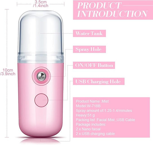 Honoson 2 Pieces Nano Facial Mister 30 ml Mini Face Humidifier Portable Facial Sprayer USB Rechargeable Handy Skin Care Machine for Face Hydrating, Daily Makeup (Black and Pink)