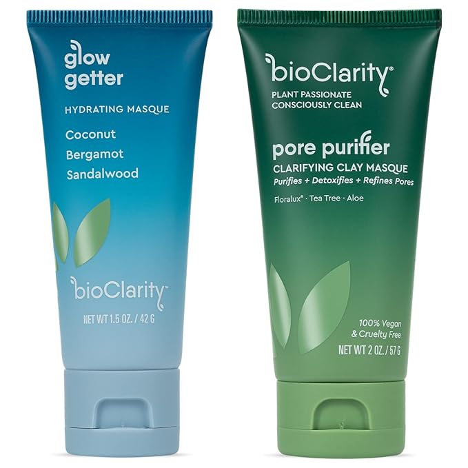 BioClarity Face Mask Set | Includes Clarifying and Hydrating Masks for Soft, Smooth, Refreshed Skin | 100% Vegan Ingredients | With Coconut, Bergamot, Sandalwood, Tea Tree, Aloe, and Floralux