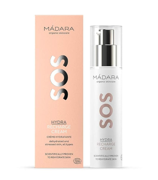 MÁDARA Organic Skincare | SOS Hydra Recharge Cream – 50ml, Intensely hydrating moisturiser with hyaluronic acid and linseed, Dermatologically proven face cream for dry skin, Organic certified