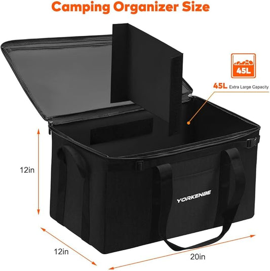 45L Camping Organizer, 1680D Heavy Duty Waterproof Camping Storage for Camping Cooking Utensils and Camping Cookware, with Hard Bottom, Camping Bag with Zippered Lid for RV, Hiking