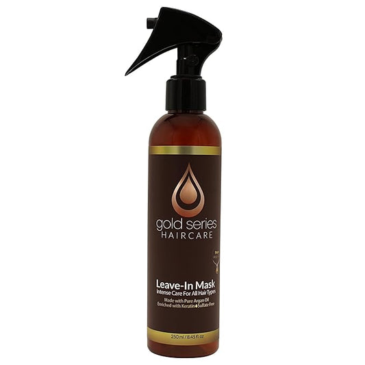 Gold Series Leave-In Hair Mask – Argan Oil Hair Mask Enriched with Keratin – Nourishing and Gently Detangling Leave In Conditioner Spray For Curly Frizzy or Damaged Hair, 8.4 Fl.oz