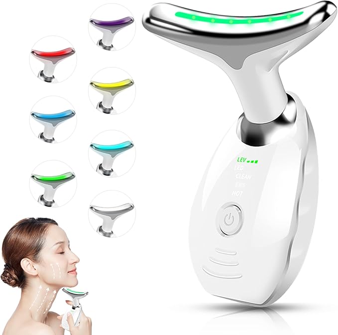 Facial Beauty Device, Face Massager Tool for Skin Care, Based on Triple Action LED, Thermal, and Vibration Technologies, Red and Blue LED Light, 7 Color Led Face and Neck Massager for Home Use
