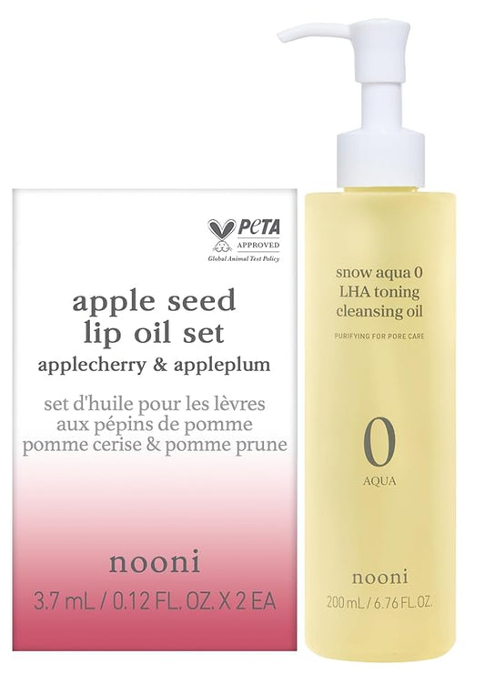 NOONI Korean Vegan Appleseed Lip Oil Set - Applecherry & Appleplum + Korean Cleansing Oil - Snow Aqua 0 LHA Toning Pore Care Korean Facial Oil Cleanser, 6.76 fl.oz Bundle