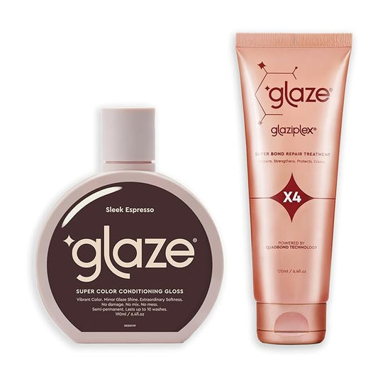 Glaze Sleek Espresso Super Color Conditioning Gloss 6.4fl.oz & GlaziPlex Super Bond Repair Hair Treatment, 120ml. 4-in-1 Deep Conditioning Hair Mask