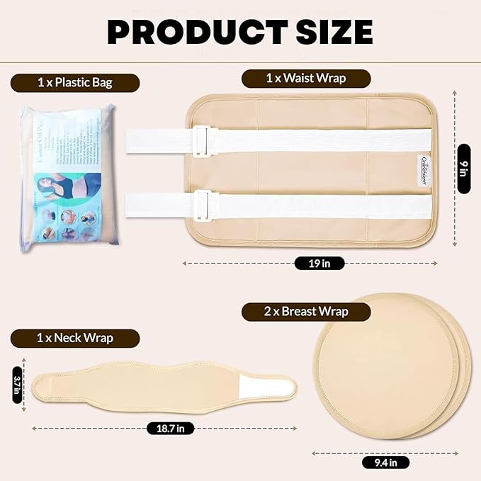 Castor Oil Pack Wrap Kit, 4 Pcs Organic Cotton, Adjustable Strap for Neck, Waist, Chest, Knee, Reusable, Washable - Detox, Constipation, Inflammation (Khakhi)