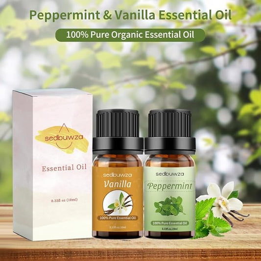 Sedbuwza Vanilla Peppermint Essential Oil Set, Vanilla Fragrance Oil Peppermint Scent Oil Set for Diffuser, Aromatherapy, Massage, Soap, Candle Making 2 x 10 ml