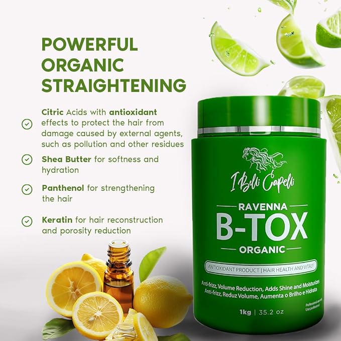 Ravenna B-tox Organic Kit - Hair Treatment (1 Kg/35.2 Fl Oz) Formaldehyde-Free + Mask for Damaged Hair (1,5 Kg/ 52.9 fl oz) - Straightening, Intense Shine & Moisture for All Types