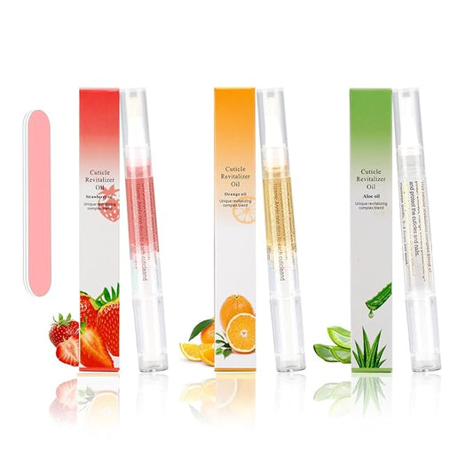 Meschett 3PCS Nail Cuticle Oil Pens with Nail File, Cuticle Oil for Nails from Natural, Nail Oil Cuticle for Cracked and Dry Nail(Orange & Strawberry & Aloe Flavor)