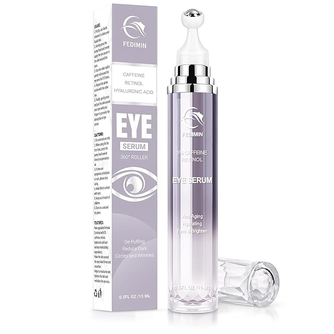 5% Caffeine Eye Cream for Dark Circles Under Eye Treatment Eye Serum for Wrinkles Fine Lines, Retinol Eye Care Eye Cream for Puffiness and Bags Eye Serum with 360° Massage Roller-Ball (Light Purple)