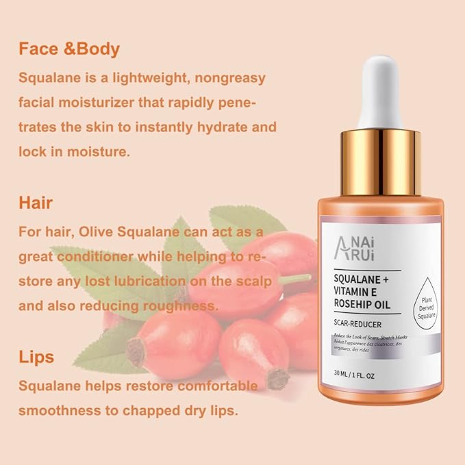 Squalane VE Rosehip Oil,Bakuchiol Blue Tansy Oil,for face hydrate,Night-Repair Facial Oil,Softer Skin,Reduce Fine Line&Wrinkles