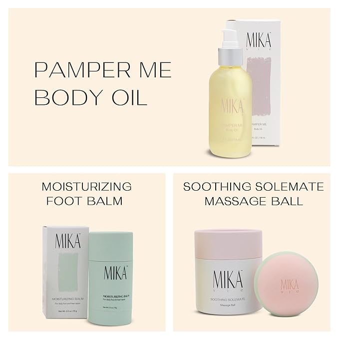 Pamper Me Bundle Body Oil Foot Balm Massage Ball | 3-Piece Beauty Kit with Organic Body Oil for Dry Skin Foot Balm for Dry Cracked Feet and Massage Ball | Clean Beauty, Vegan and Paraben Free