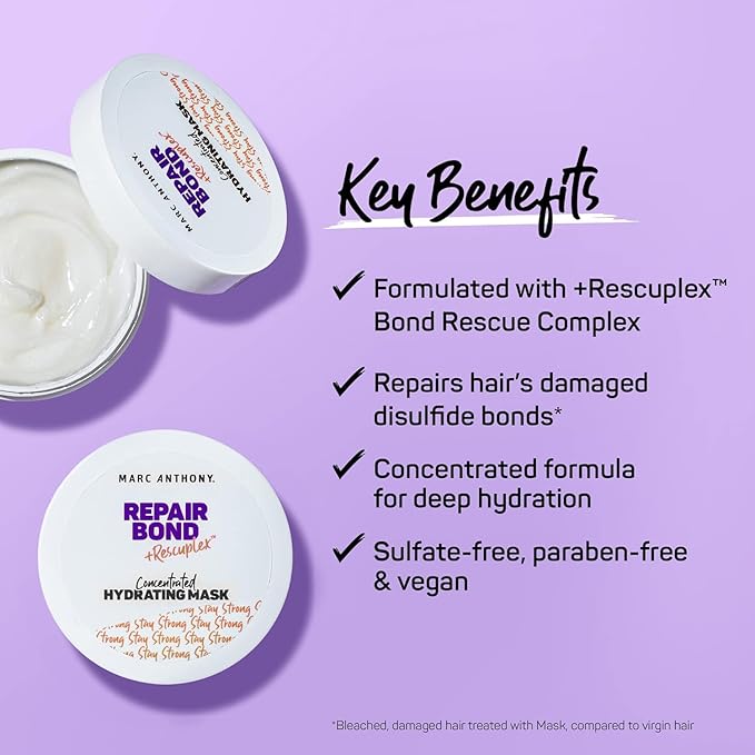 Marc Anthony Repairing Hair Mask, Repair Bond +Rescuplex - Repairs, Strengthens & Maintains Bonds within Hair - Eliminates Frizz, Flyaways & Reduce Breakage - Dry & Damaged Hair Professional Treatment