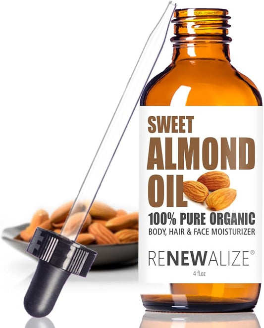 Organic Sweet Almond Oil MOISTURIZER - in 4 oz Glass Bottle with Dropper | Unrefined Cold Pressed Skincare Lotion | Essential Natural Personal Massage Oils for The Skin and Body