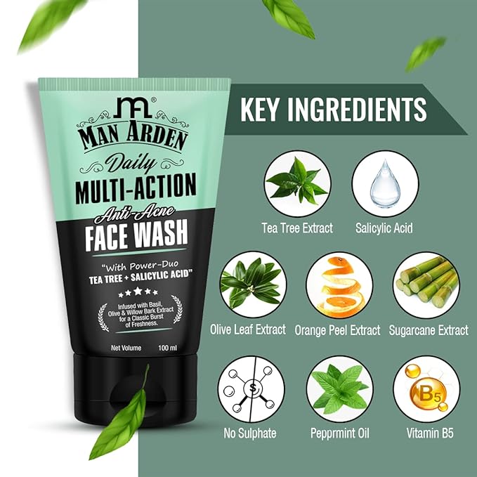 Man Arden Daily Multi-Action Anti Acne Face Wash For Oily Skin | With Power Duo Tea Tree for Acne-Prone Skin, 100 ml