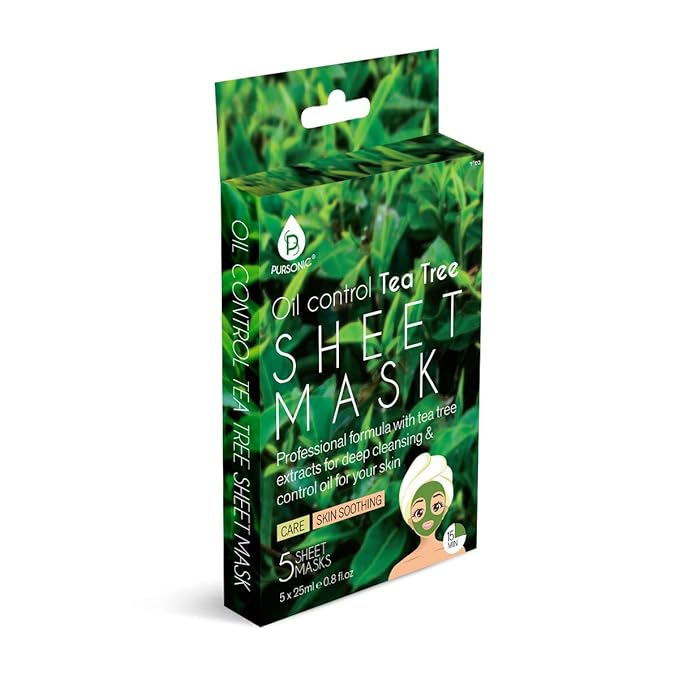 Pursonic | Oil Control Tea Tree Sheet Mask for Acne Prone Skin, Reducing Blackheads and Whiteheads - Moisturizing & Soothing (Pack of 5)