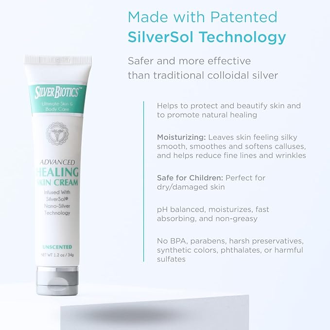 Silver Biotics Nano Silver Healing Lotion Cream | SilverSol and Hyaluronic Acid | All Natural Ingredients to Heal, Smooth Your Skin Blemishes and Scars | Unscented Scent Infused | 1.2 oz