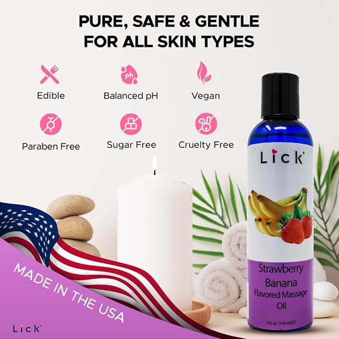 Lick Strawberries and Bananas Duo Massage Oil – Fruity, Edible, Lightweight, Body Safe, 4 oz
