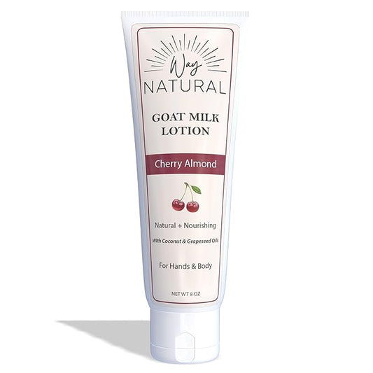 Goat Milk Lotion, Cherry Almond (8oz) - Natural Hand & Body Lotion - Dry Skin Relief, USA Made - Goat Milk Hand Cream for Women & Men - w/Shea Butter & Aloe