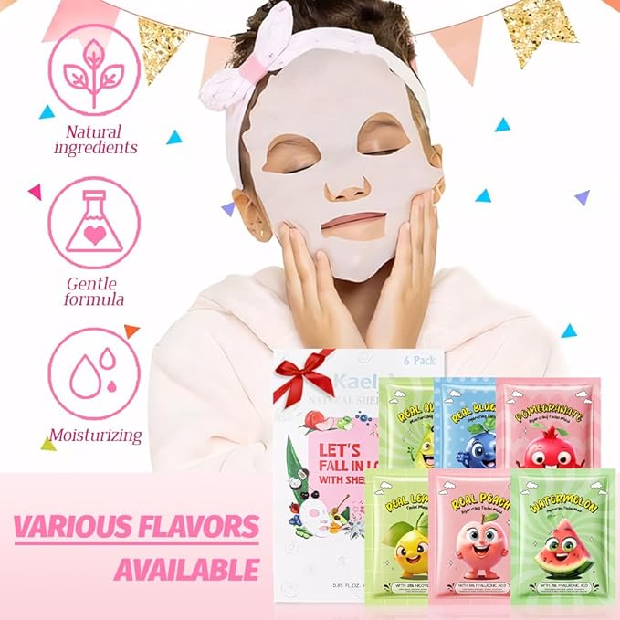 Kaely 6 Pack Fruit Face Masks for Kids, Kids Face Mask Spa Day kit Supplies, Spa Party Favors for Teens Girls Women, Sheet Facial Mask Skincare Gifts Set, Moisturize Soothe for All Skin Types, 03