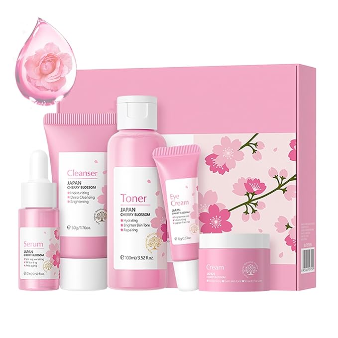 Korean Skin Care Set - Sakura Skin Care Sets & Kits - Women Gift Sets with Cleanser-Toner-Serum-Face Cream-Eye Cream-Skin Care Routine Kit for Women (One Size, Cherry Blossom-Start Kit)