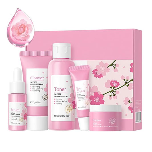 Korean Skin Care Set - Sakura Skin Care Sets & Kits - Women Gift Sets with Cleanser-Toner-Serum-Face Cream-Eye Cream-Skin Care Routine Kit for Women (One Size, Cherry Blossom-Start Kit)