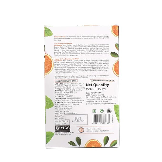 VLCC Holy Basil + Orange Oil Face Wash Combo for Acne & Pore Cleansing | Clears Pimple, Clogged Pores & Oil | Reduces Breakouts & Soothes Skin | 5.07 Fl Oz/150 ml (Pack of 2)
