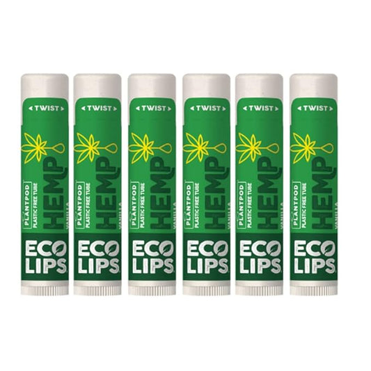 Eco Lips Organic Hemp Lip Balm with Beeswax, Coconut Oil, Vitamin E to Soothe Chapped Lips. 100% Plastic-Free Plant Pod Packaging (Vanilla, 6-Pack)