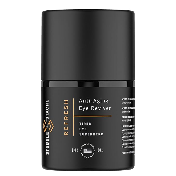 stubble & stache Refresh Under Eye Cream for Men – Reduces Puffiness, Smooths Fine Lines, Brightens Tired Eyes – With Acmella, Caffeine & Hyaluronic Acid – Fast-Absorbing, Fragrance-Free – 1oz
