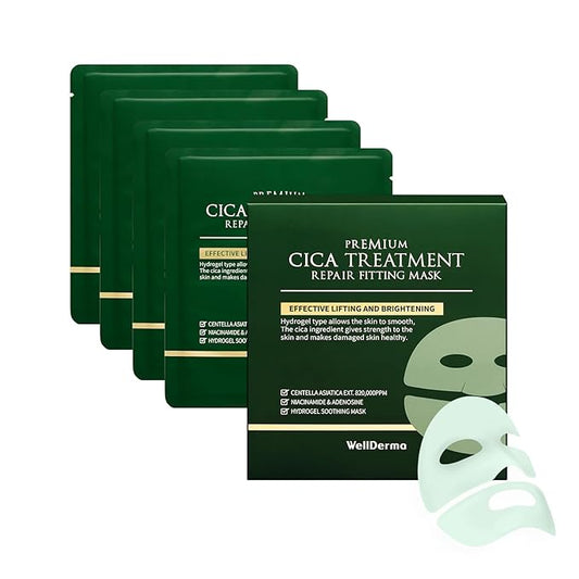 WELLDERMA Premium Cica Mask Treatment Repair Fitting Korean Mask 4Sheets hydrogel, centella Sensitive skin, Firming, soothing for Smooth & Clear Face Skin